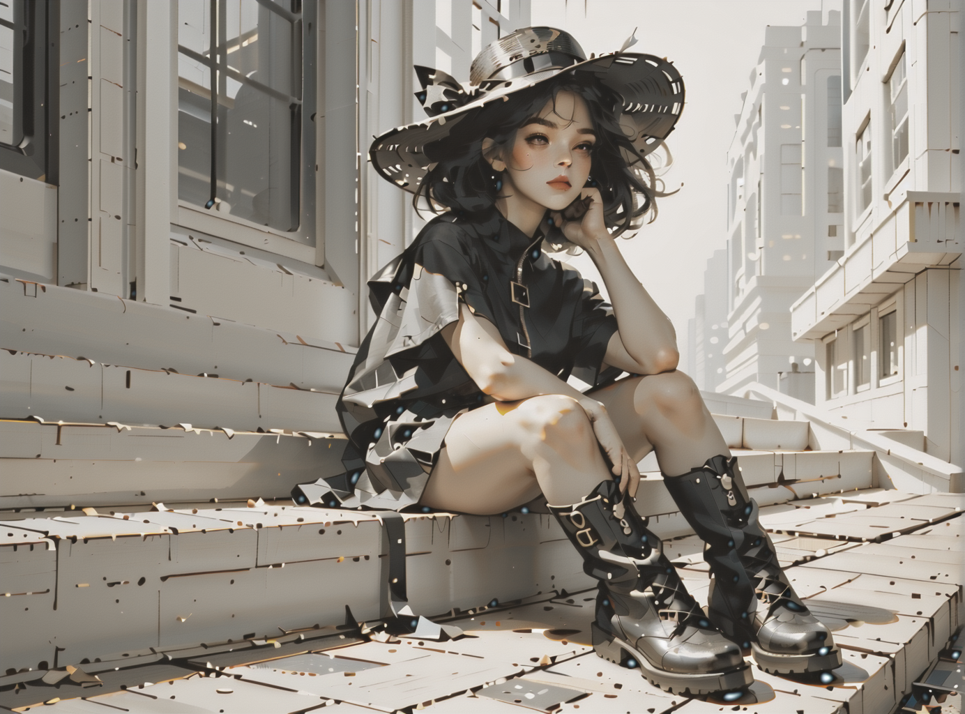 score_9, score_8_up, score_7_up, Environmental scene, character off to side, sitting in repose enjoying the view, 1girl, pale skin, medium breasts, <lora:sm0k3XLP:1>, <lora:goth_clothes:1>, (black sunhat, black stockings, black skirt, black top, zipper boots, Long white hair, young face, <lora:Our_Muted_Future_Style:1>, <lora:Dark_Retro_Scifi_Aesthetic:1>,
