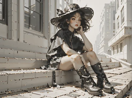 score_9, score_8_up, score_7_up, Environmental scene, character off to side, sitting in repose enjoying the view, 1girl, pale skin, medium breasts, <lora:sm0k3XLP:1>, <lora:goth_clothes:1>, (black sunhat, black stockings, black skirt, black top, zipper boots, Long white hair, young face, <lora:Our_Muted_Future_Style:1>, <lora:Dark_Retro_Scifi_Aesthetic:1>,
