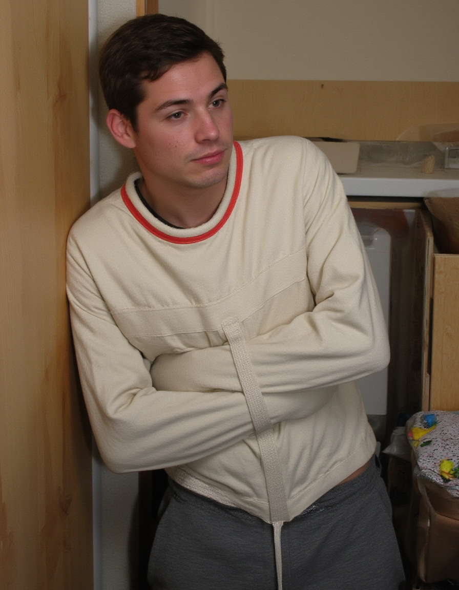 Medium shot of a young man in a small college dorm room. The man is handsome with defined jawlines, with short brown hair, and light freckles. He is wearing a white sjposey and grey sweatpants. He is kneeling, looking at the camera. His facial expression is neutral, almost serene, his gaze focused on a point beyond the camera. 
 <lora:straitjacketflux-posey:1.1>  <lora:amateurphoto-6version:0.8>