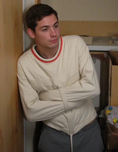 Medium shot of a young man in a small college dorm room. The man is handsome with defined jawlines, with short brown hair, and light freckles. He is wearing a white sjposey and grey sweatpants. He is kneeling, looking at the camera. His facial expression is neutral, almost serene, his gaze focused on a point beyond the camera.
<lora:straitjacketflux-posey:1.1> <lora:amateurphoto-6version:0.8>