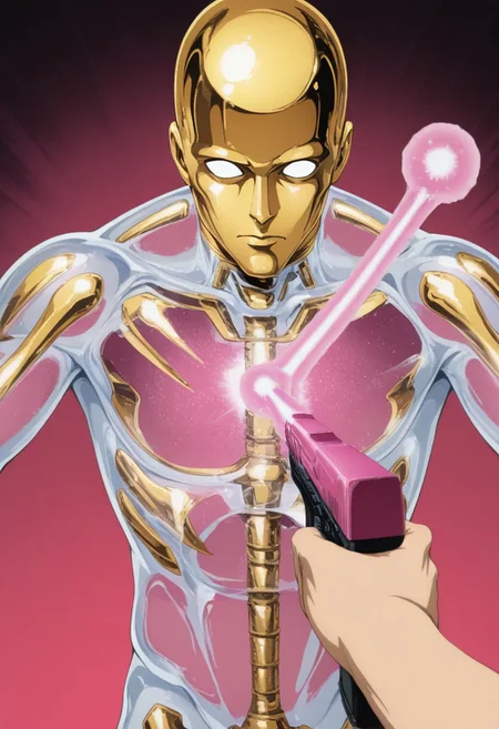 1boy, solo, crystal_boy_ilxl, (transparent body:1.8), skinhead, iron head, golden head, blank eyes, Acme Beam Gun, pov, holding gun, beam on her closed mouth, upper body, looking at viewer, masterpiece, best quality, amazing quality,