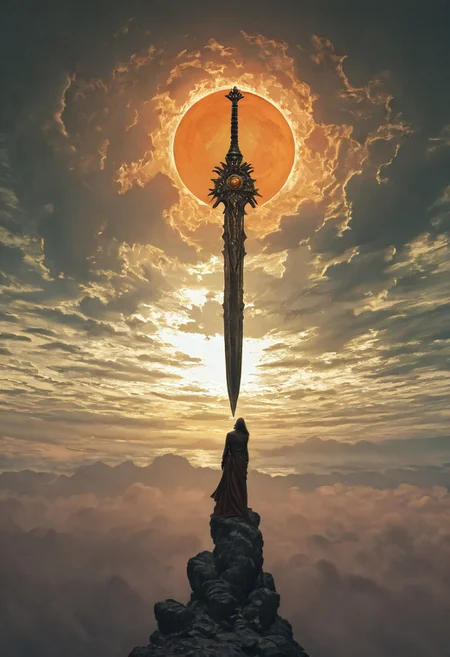 Sundawn, Landscape, towering Knight, heavy armored,Fantasy, dmsty, masterpiece, best quality, good quality, newest, highres, absurdres, solo, dark atmospheric, detailed, intricate, Orange-pink sun, Clouds, giant sword, Ethereal,