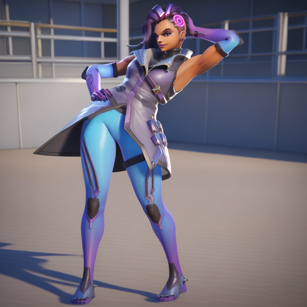 score_9, score_8_up, score_7_up, score_6_up, score_5_up, score_4_up,  <lora:Sombra:0.8>, sombr20, 1girl, purple eyes, purple hair, multicolored hair, dark-skinned female, two-tone hair, gradient, mole under eye, eyeshadow, lipstick, asymmetrical hair, high collar, eyeliner, undercut, purple lips, bodysuit,  elbow gloves, thigh strap, skin tight, shiny clothes, pants, full body, toned female, hand on own hip, armpits