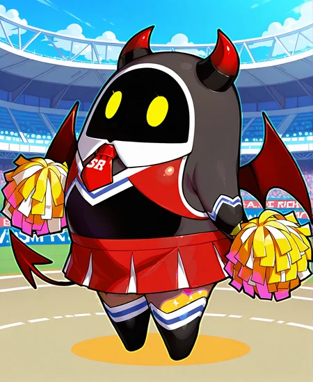 bangboo,no humans, full body, masterpiece,best quality,high school,stadium, shmirk,<lora:succubus0cheer:0.8>skirt, cheerleader, pom pom (cheerleading)red clothes,jaggy lines thighhighs,gloves,demon horns, wings,<lora:bangboo-v2-illustrious:1>