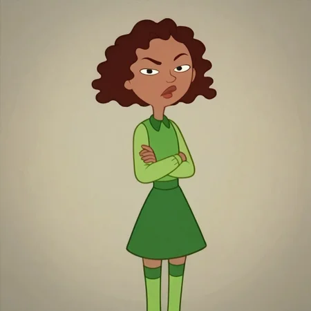 score_9, score_8_up, score_7_up, 1girl, narrow waist, wide hips, looking at viewer, crossed arms, raised eyebrow, high quality, highres, masterpiece, solo
Ashley Tomassian, 1girl, black eyes, curly hair, short hair, brown hair, dark-skinned female, thick eyebrows, lips
green collared shirt, green skirt, green thighhighs, brown shoes