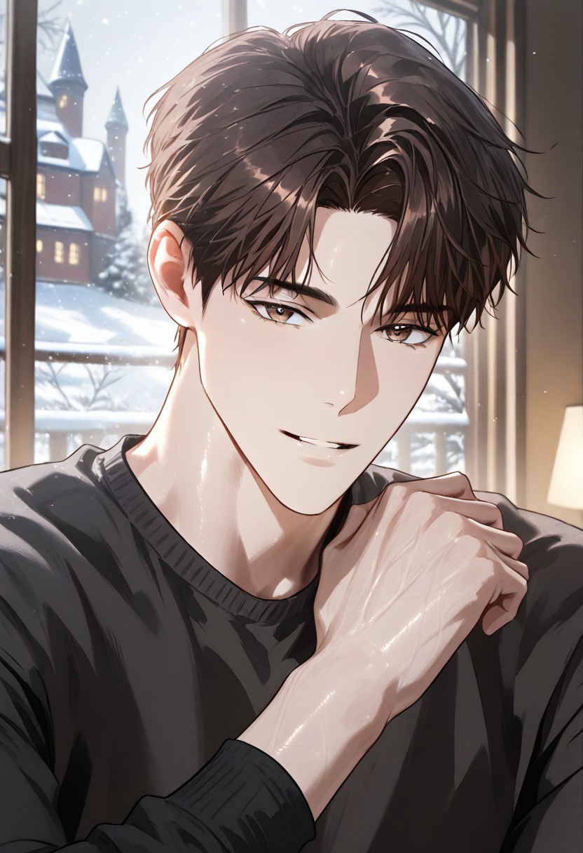 //General, masterpiece,best quality,amazing quality, source_anime, intricately detailed illustration, very aesthetic, absurdres, newest, anime coloring, subsurface scattering, , natural lighting, Expressiveh, detailed skin, shiny skin,aesthetics light, depth of field, vibrant colors,
//Fashion, black shirt, long sleeves, 
//Background, castle interior, indoors, snow background outside the window, 
//Others, 1boy, male focus, solo male, manly body, 
//Action, looking at viewer,  light smile, close up, upper body,
BREAK,
Lee_Wooyeon, parted hair, dark brown hair, parted lips, brown eyes