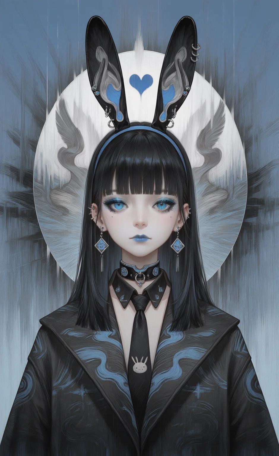 masterpiece, best quality, good quality, newest, highres, absurdres, 1girl, solo, long hair, looking at viewer, blue eyes, black hair, hair ornament, animal ears, closed mouth, jewelry, jacket, upper body, heart, earrings, hairband, necktie, blunt bangs, mole, rabbit ears, black jacket, collar, mole under eye, fake animal ears, makeup, blue background, piercing, portrait, ear piercing, lipstick, black necktie, eyeshadow, straight-on, blue lips, blue eyeshadow, Z3D, Rovina_Cai
G0zeNA_illu, abstract, surreal <lora:illustriousXL_stabilizer_v1.23:0.3> <lora:NOOB_vp1_detailer_by_volnovik_v1:0.3> <lora:ponyv6_noobE11_2_adamW-000017:0.3> <lora:G0zeNA_style:0.8> <lora:Rovina_Cai_-_MtG_Style_-_Zeds_Styles:0.7>