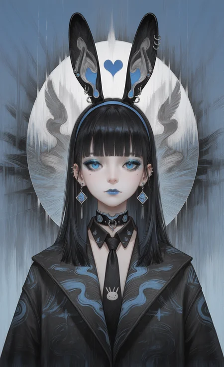 masterpiece, best quality, good quality, newest, highres, absurdres, 1girl, solo, long hair, looking at viewer, blue eyes, black hair, hair ornament, animal ears, closed mouth, jewelry, jacket, upper body, heart, earrings, hairband, necktie, blunt bangs, mole, rabbit ears, black jacket, collar, mole under eye, fake animal ears, makeup, blue background, piercing, portrait, ear piercing, lipstick, black necktie, eyeshadow, straight-on, blue lips, blue eyeshadow, Z3D, Rovina_Cai
G0zeNA_illu, abstract, surreal <lora:illustriousXL_stabilizer_v1.23:0.3> <lora:NOOB_vp1_detailer_by_volnovik_v1:0.3> <lora:ponyv6_noobE11_2_adamW-000017:0.3> <lora:G0zeNA_style:0.8> <lora:Rovina_Cai_-_MtG_Style_-_Zeds_Styles:0.7>