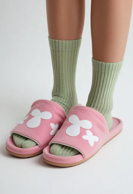 ((scksnsndls)), 1girl, solo, simple_background, white_background, green_socks, close-up, pink_slippers, lower_body, footwear_focus
