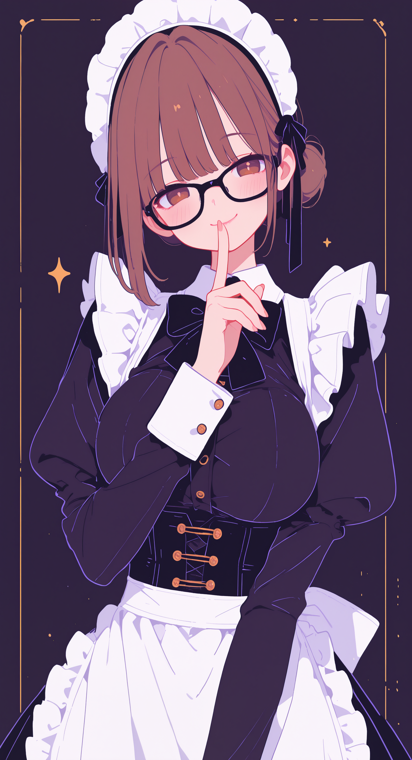 masterpiece, best quality, good quality, newest, highres, absurdres, 
1girl, solo, large breasts, brown hair, brown eyes, single hair bun, lips, Black pupil, looking at viewer, blush, smile, closed mouth, short hair,long sleeves, dress, bow, ribbon, hair ribbon, frills, glasses, puffy sleeves, bowtie, black dress, apron, fingernails,head tilt, maid, maid headdress, black bow, black ribbon, buttons, juliet sleeves, white apron, waist apron, index finger raised, maid apron, corset, finger to mouth, frilled apron, black-framed eyewear, black bowtie, underbust,
upper body, Flatline, Flat vector illustration <lora:illustriousXL_stabilizer_v1.23:0.3> <lora:NOOB_vp1_detailer_by_volnovik_v1:0.3> <lora:ponyv6_noobE11_2_adamW-000017:0.3> <lora:XXX667:0.7> <lora:checkpoint-e18_s306:2>