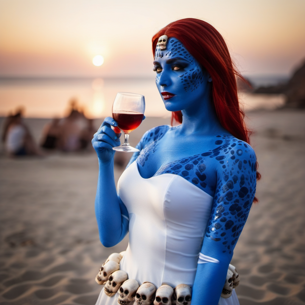 cinematic photo a woman with blue body paint and red hair, white dress with a skulls belt, having a cocktail, beach, sunset <lora:Mystique1024:0.9> . 35mm photograph, film, bokeh, professional, 4k, highly detailed
