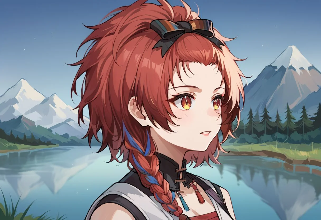 score_9, score_8_up, score_7_up, source_anime, 1girl, outdoors, lake, mountain range,
BREAK ,
chixia_ww, red hair, bangs pinned back, braid, upper body, sarashi,