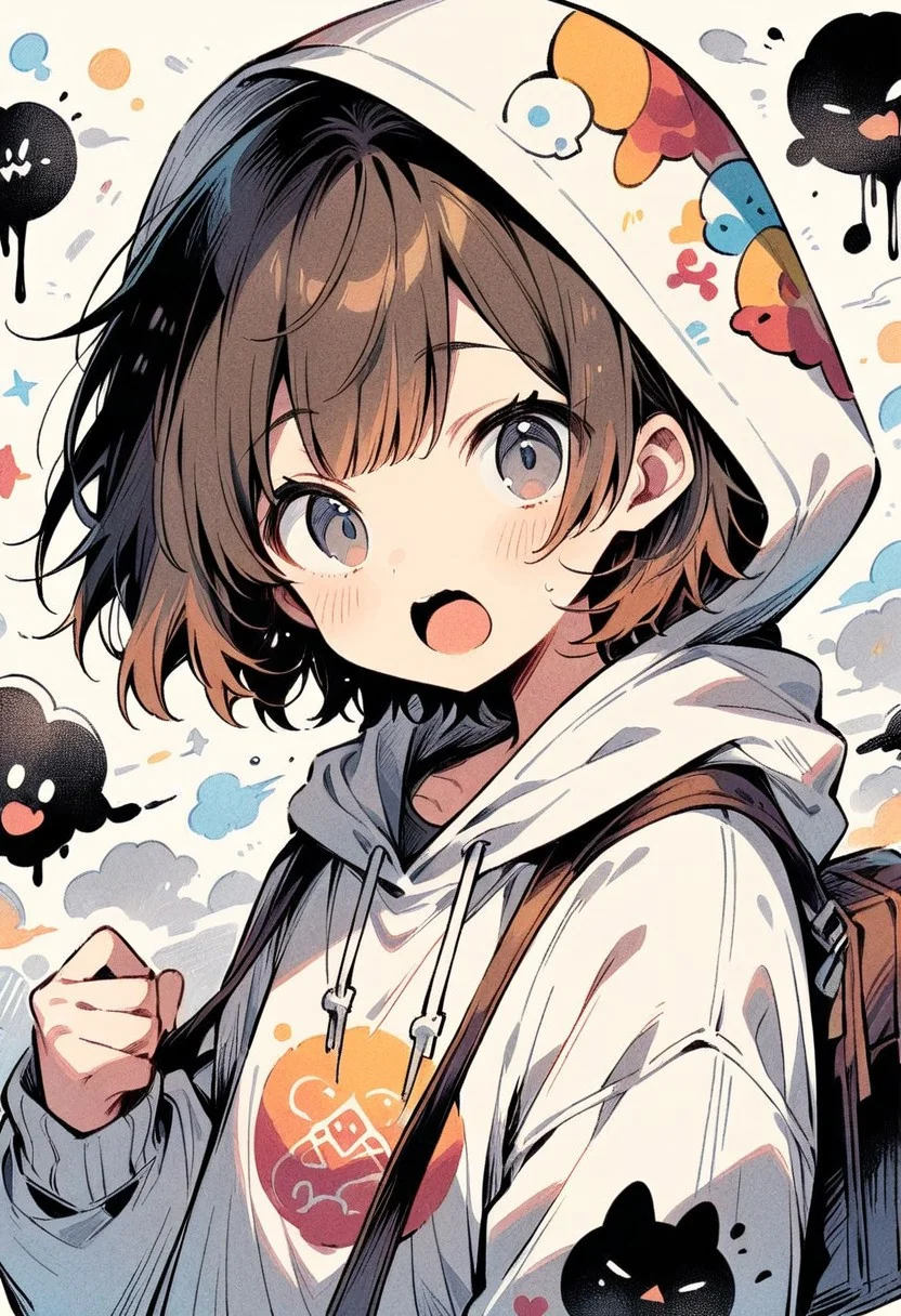 ((masterpiece, best quality, illustration)), cute doodle, ink painting, solo, looking at viewer, short hair, open mouth, bangs, brown hair, 1boy, upper body, male focus, multicolored hair, hood, bag, grey eyes, hoodie, hood up, white hoodie