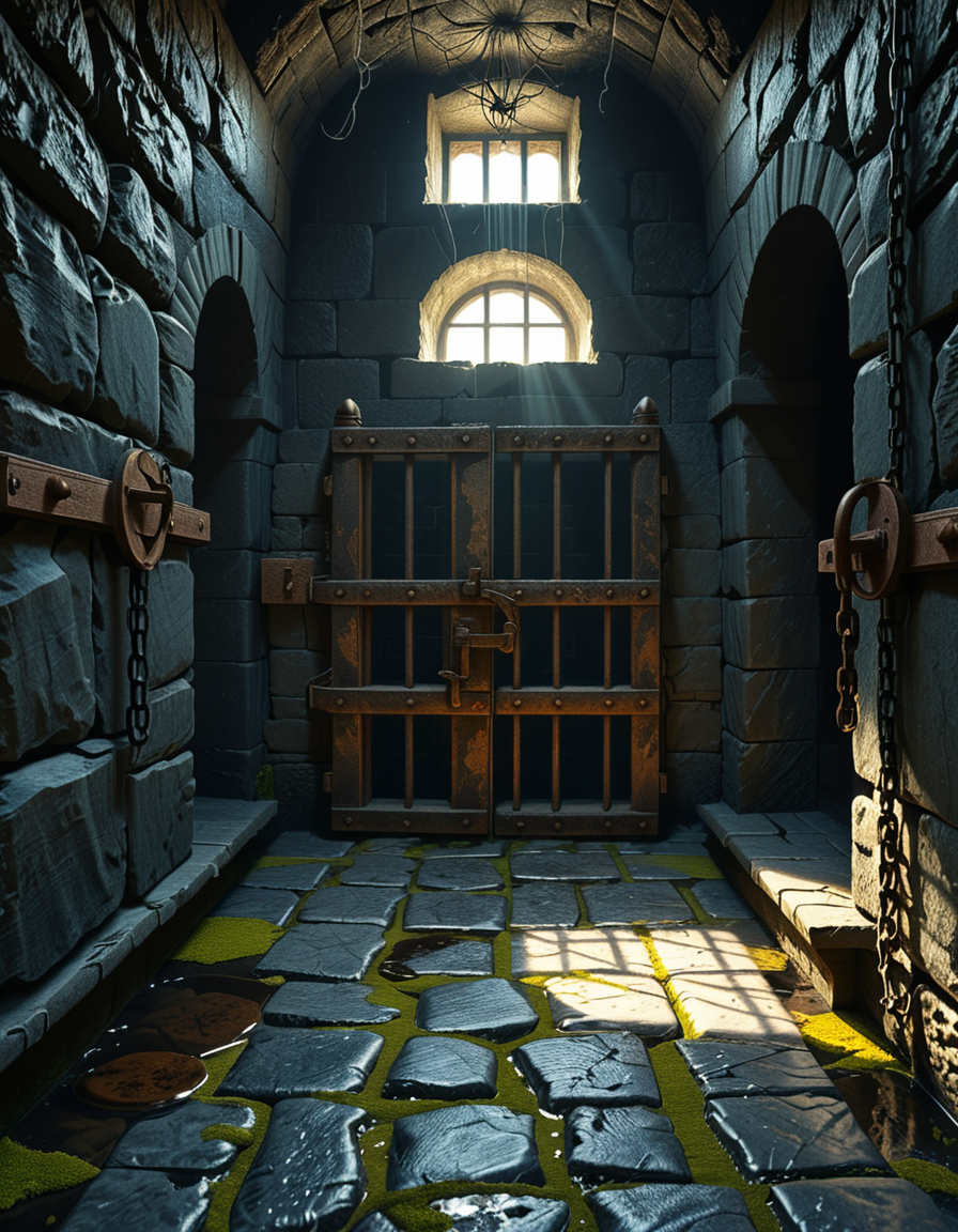 A highly detailed, hyper-realistic photograph of a dark medieval dungeon prison cell. The scene is dimly lit by a single flickering torch mounted on a damp stone wall, casting eerie shadows across the rough, moss-covered stones. Heavy, rusted iron bars form the cell door, slightly ajar, with visible corrosion and ancient padlocks. Inside the cell, there is a straw-covered floor, old wooden buckets, and a crude, splintered wooden bench against the back wall. Chains and manacles hang loosely from the walls, showing signs of long-term use. The atmosphere is cold, humid, and oppressive, with faint light rays piercing through tiny cracks in the stone ceiling. Cobwebs stretch across the corners of the cell, and faint water drips from above, creating small puddles. The overall mood is grim, desolate, and foreboding. Photorealistic style, with high dynamic range (HDR) lighting and extreme attention to textures like rust, moisture, and decay.
<lora:SDXLFaeTastic2400:0.4> <lora:extremely_detailed:0.4> extremely detailed,<lora:medieval_dungeon_pr1s0n_c3ll:1>,medieval dungeon pr1s0n c3ll, Masterpiece,best quality,hi res,8k,hi res,8k,award winning,(sharp focus, intricate, highly detailed),