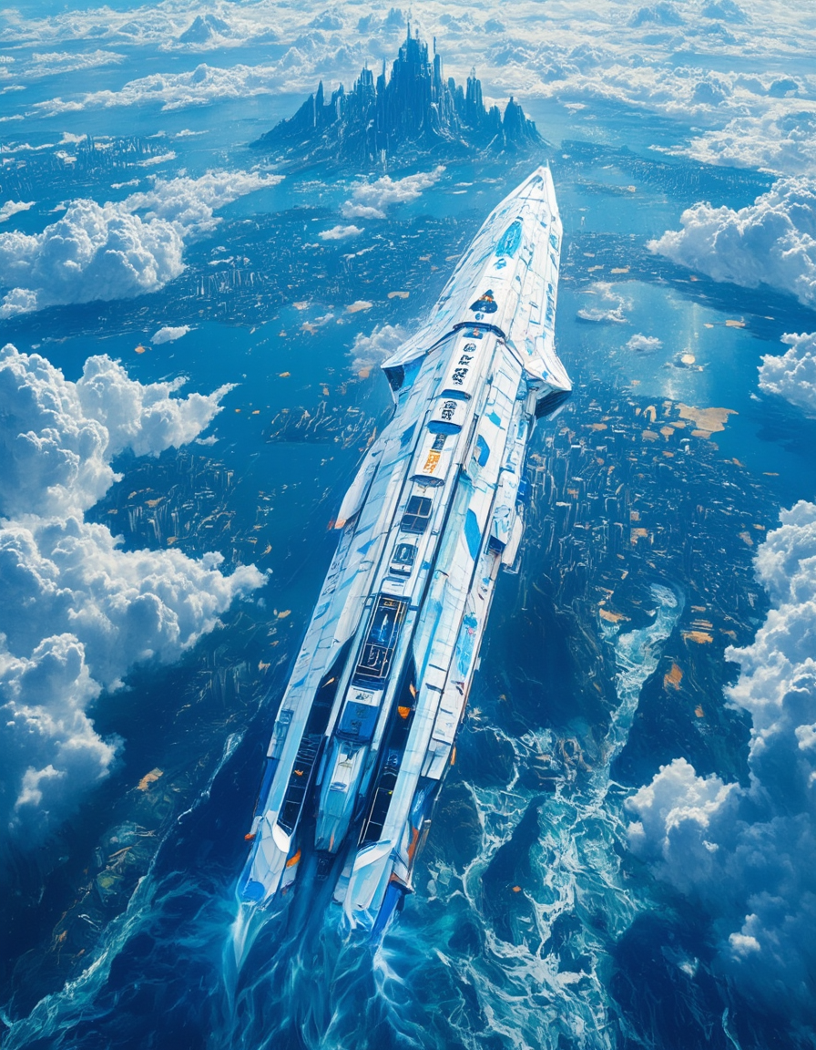 <lora:SW_Minis_7fluxc:1> above city and lakes, blue, day, epic scale, fantasy, huge angular design mothership, illuminated, kanji, marble, rough sea, t9, from side