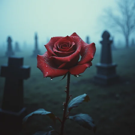 ArsMovieStill, movie still from a 1970s horror movie, The image is a close-up of a single red rose with water droplets on it. The rose is in the center of the image with its stem and leaves visible. The background is a foggy graveyard with many tombstones and trees. The sky is overcast and the overall mood is somber and melancholic. The image has a dark and moody tone with the red rose standing out against the foggy background., flower, red flower, rose, no humans, red rose, weapon, blurry, blurry background, sword, holding