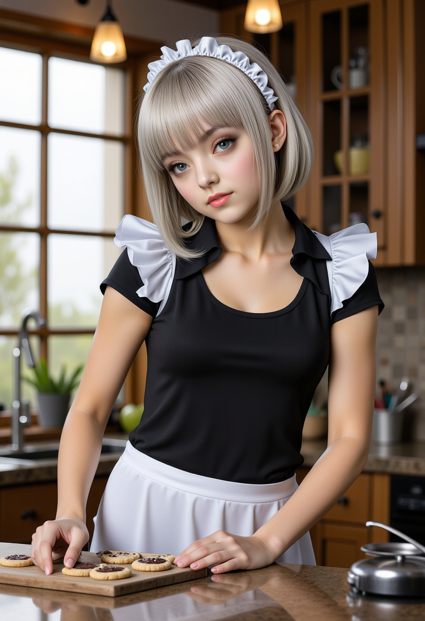 full body view, Hyperrealistic, she is smiling, dynamic angles, multiple angles, she is looking at the camera, photoshoot poses; A photo of Maid_Miku_Nobdy, She is wearing a black and white maid outfit, she has short blonde hair,  She is standing at the kitchen island making cookies, in a posh kitchen., creating a focused and dynamic pose; the scene is set in a beautiful well-lit environment, with a sense of action and adventure.  Style: realistic hyper-detailed rendering, 32k UHD, expressive eyes, punk, graphic design, girl's face, pretty and cute, gleaming lips, telling a tale of adventure. Exuding confidence and serenity. The overall mood of the image is happy and relaxed, detailed skin texture,(blush:0.2),(goosebumps:0.3), subsurface scattering,with a playful and whimsical tone,perfect hand, hand, detailed hand,niji style,retro50s_style,