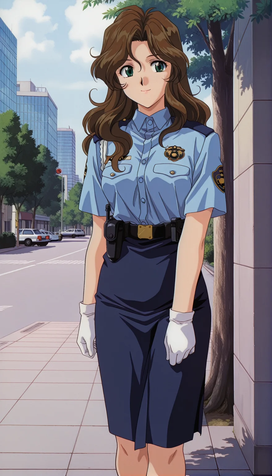 masterpiece,best quality,amazing quality,1990s \(style\),AoiFutaba tv,1girl,solo,green eyes,brown hair,wavy hair,long hair,police uniform,shirt,short sleeves,blue shirt,blue skirt,white gloves,smile,outdoors,building,tree,<lora:AoiFutaba ill:0.9>,