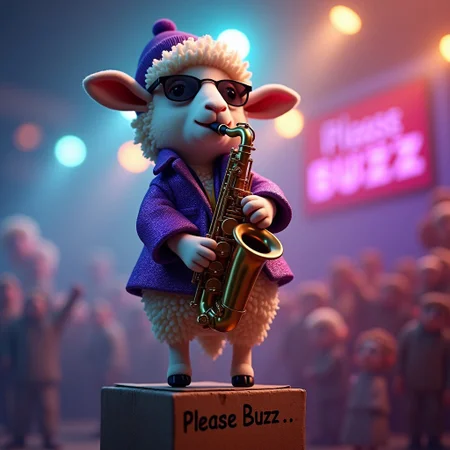 A cute sheep playing the saxophone up on a high pedestal, wearing a beanie, shades, a purple sparkling jacket, disco lights, photorealistic, a cardboard sign that says "Please Buzz...", colourful, epic, cinematic shot,