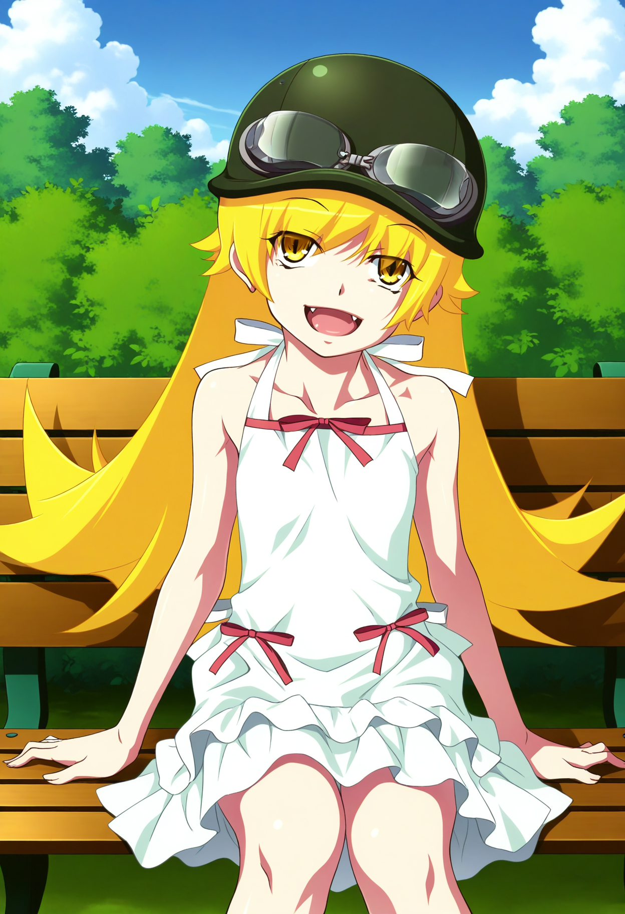 1girl, solo, looking at viewer, park bench, outdoors, sitting, smile, cowboy shot, open mouth, long blonde hair, oshino oshino shinobu,
dress, bare shoulders, yellow eyes, fang, black helmet, goggles on helmet,
BREAK outdoors, park bench, sky, day, cloud,  <lora:shinobu_amano_issui_IL1.1:1>shinobu_amano_issui