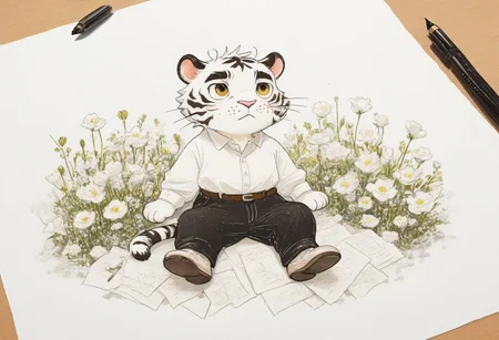 traditional art,furry tiger,a pen on paper,draw a man ,line art,cartoon boy,reality pen,line art,photo like drawing,flowers,many flowers,smooth line,white theme,detailed,smooth,art,full body handsome,furry style,painting,perfect art,reality and fantasy,real pen,paper on the desk ,chibi,cute,trousers