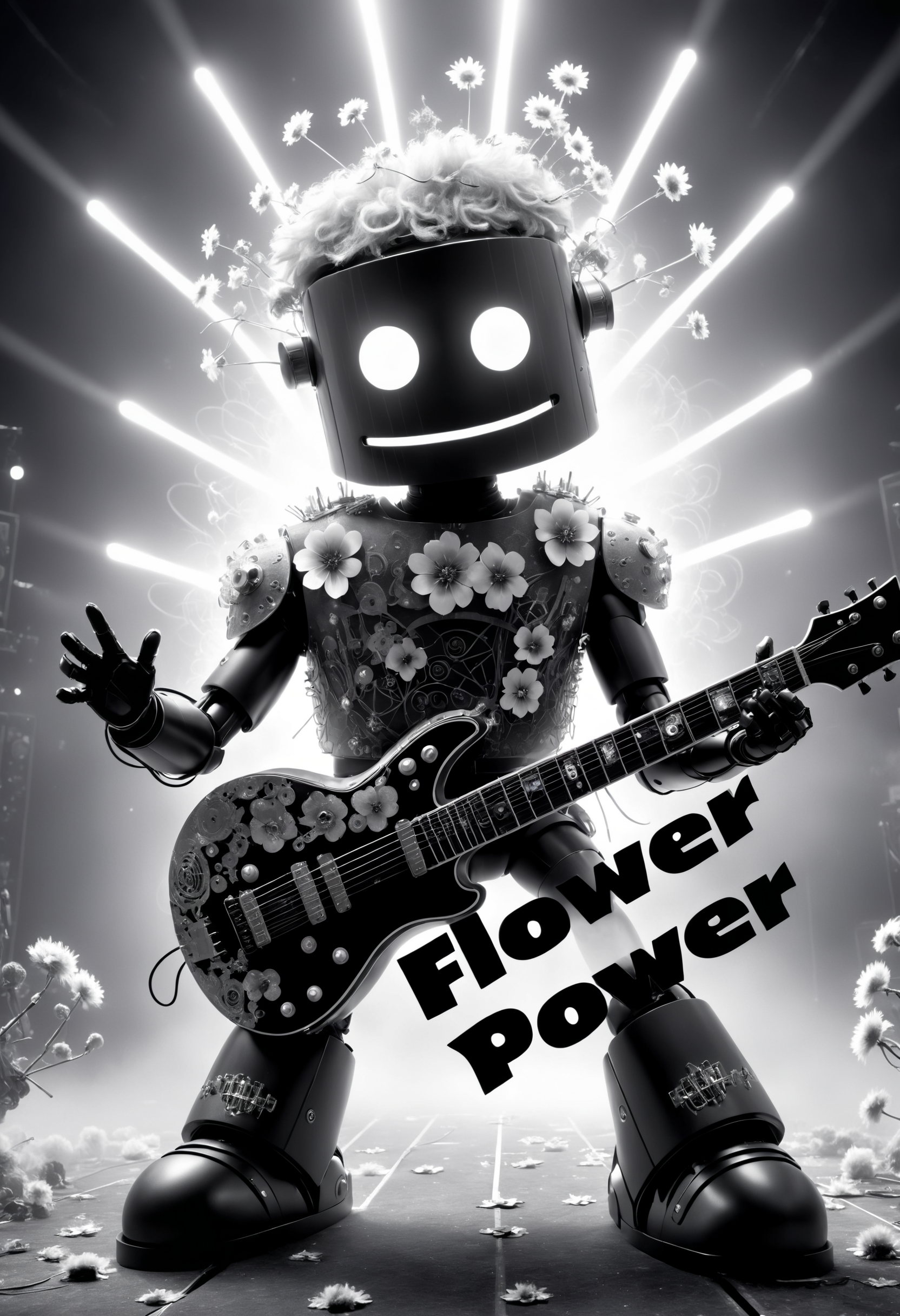 monochrome black and white, contrast, tone, texture, detailed, Robot rock star on stage, playing guitar, hero shot, pyrotechnics, fog, intricate details, stunning composition, text "Flower Power", flower style, sharp focus, professional background, best detail, cinematic, fantastic, dramatic, futuristic, epic, magic, scenic, artistic, calm, creative, positive, pure, rational, emotional, pretty, attractive