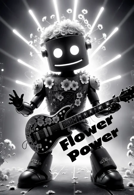 monochrome black and white, contrast, tone, texture, detailed, Robot rock star on stage, playing guitar, hero shot, pyrotechnics, fog, intricate details, stunning composition, text "Flower Power", flower style, sharp focus, professional background, best detail, cinematic, fantastic, dramatic, futuristic, epic, magic, scenic, artistic, calm, creative, positive, pure, rational, emotional, pretty, attractive