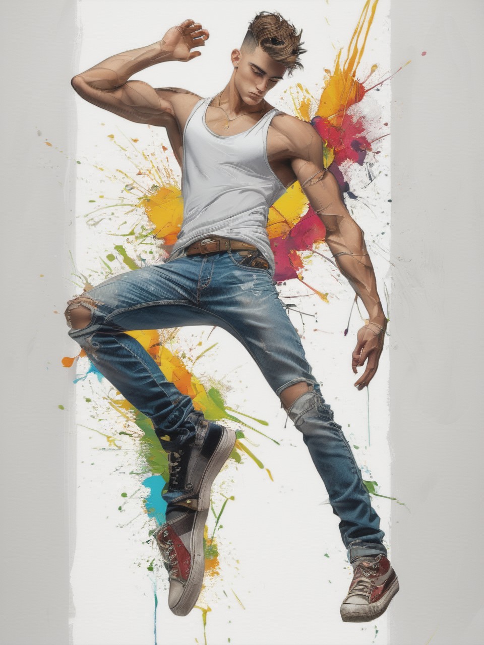 masterpiece, intricately detailed, best quality, absurd resolution, a handsome young man, 18yo, full body, white tank, jeans, colorful background
 <lora:artfullyXLDANCE_SDXL_V:1.0>, artxldnc