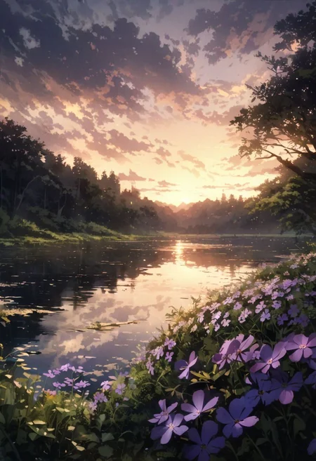 detailed background,( Calm spring night landscape), amongst lush greenery, beautiful view, creeping phlox in full bloom, creeping phlox, early morning, sunrise sky, beautiful clouds, dappled sunlight, outdoor seating, one lamp, Tranquil Lake, Boat on a Lake, depth of field, masterpiece, best quality, ultra-detailed, very aesthetic, illustration, perfect composition, intricate details, absurdres, moody lighting, wisps of light, no humans,