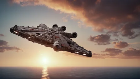 cinematic film still of <lora:star wars style v2:0.2>
<lora:detailed:0.2>
<lora:perfection style:0.2>
<lora:Ron Fricke style:0.1>
<lora:Millennium Falcon:0.8>
Millennium Falcon (YT-1300 light freighter) a star wars millennium fighter flying over a planet from behind back,backlight,sky,cloud,water,no humans,ocean,scenery,science fiction,sunset,sun,spacecraft , star wars style, shallow depth of field, vignette, highly detailed, high budget, bokeh, cinemascope, moody, epic, gorgeous, film grain, grainy
