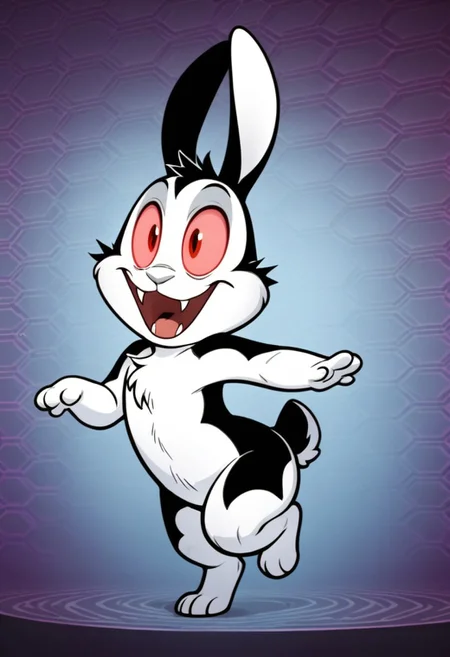 score_9, score_8_up, score_7_up, tail, solo, male, solo male, bunny, rabbit, bunnicula, pink sclera, red eyes, colored sclera, black and white fur, cheek tuft, grey nose, scut tail, fangs, shortstack, chest tuft, chibi, open smile, fur markings, chest tuft, wide eyed, confident, looking at viewer, dancing, barefoot, featureless chest, head tilt, cocked hip, happy, excited, on one leg, jumping, masterpiece, extreme detail, 4k, realistic, shading, psychedelic background, pattern background, full-length portrait, Perfect Hands, 5 fingers, perfect paws, perfect lighting, zPDXL3, Expressiveh, light and shadows by reij-shdwgms, vampire, spooky