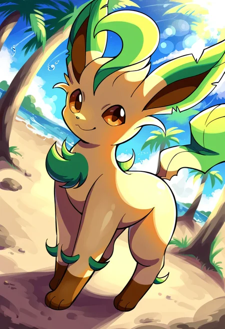score_9, score_8_up, score_7_up, source_furry BREAK
L34F30N, long ears, brown eyes, tan body, dark brown paws, green body sprouts, green leafy ears, green leafy tail, brown nose, quadraped, brown inner ears, solo, pokemon \(creature\),
looking at viewer, standing, digging, sand on body, happy
background: beach, palm trees, seashell, rocks, sunset, lens flare, sunbeam, bokeh, bloom
dutch angle
<lora:Leafeon:0.8>