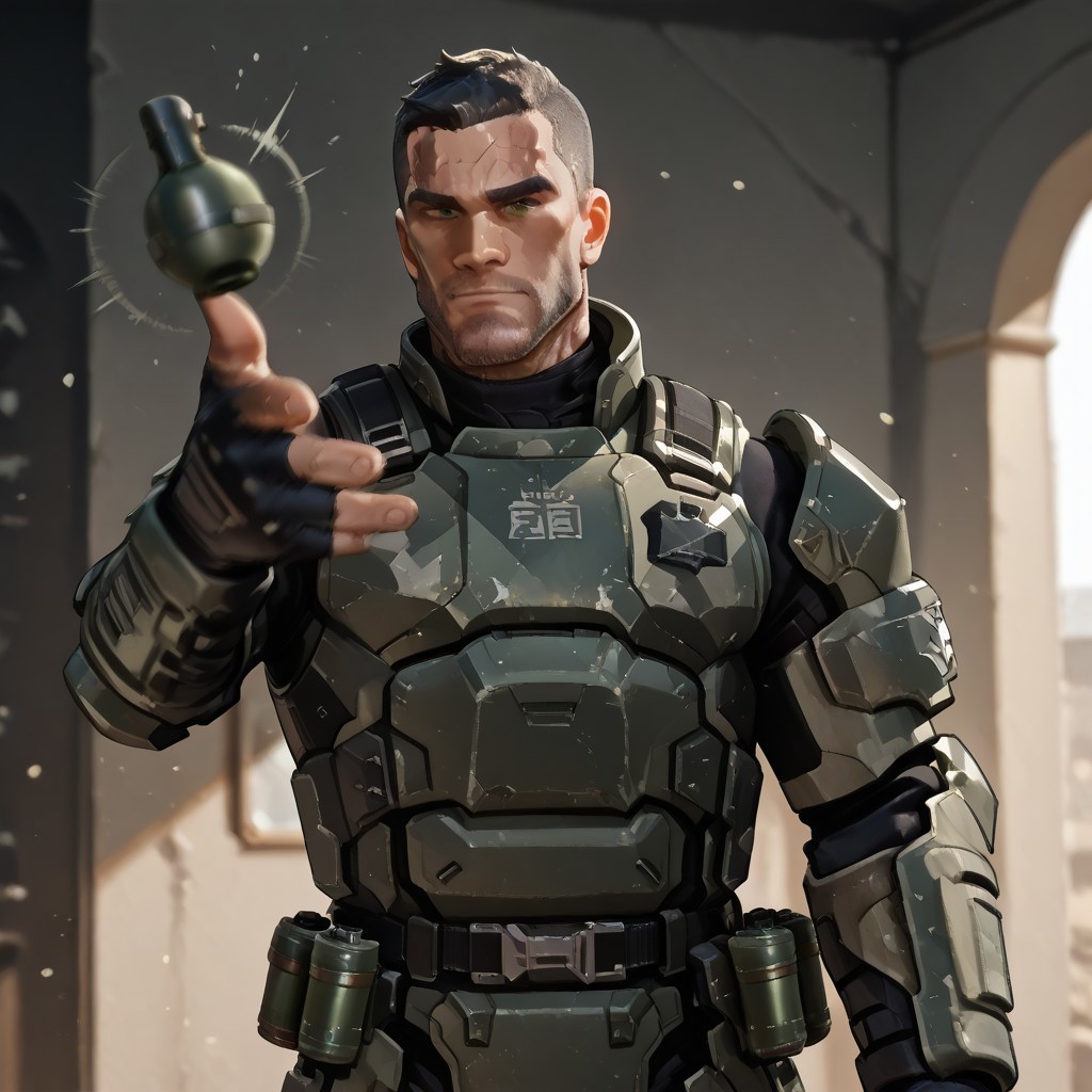 1boy. best quality. ((ODST)). armor. fingerless gloves. Polynesian man. olive skintone. black hair. military crew cut hairstyle. Face scar. stubble beard. dark green eyes.  hand. <lora:add-detail-xl:1> ss-3mthr0w-illu, arm forward, (throwing <fragmentation grenade>:1.2), looking at viewer, midair, motion blur, upper body. cowboy shot, detailed.