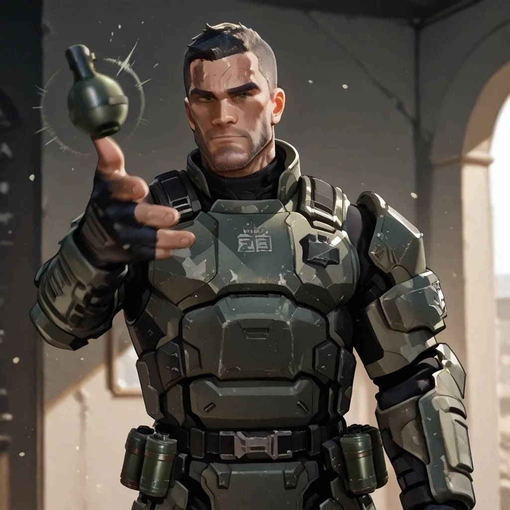 1boy. best quality. ((ODST)). armor. fingerless gloves. Polynesian man. olive skintone. black hair. military crew cut hairstyle. Face scar. stubble beard. dark green eyes. hand. <lora:add-detail-xl:1> ss-3mthr0w-illu, arm forward, (throwing <fragmentation grenade>:1.2), looking at viewer, midair, motion blur, upper body. cowboy shot, detailed.