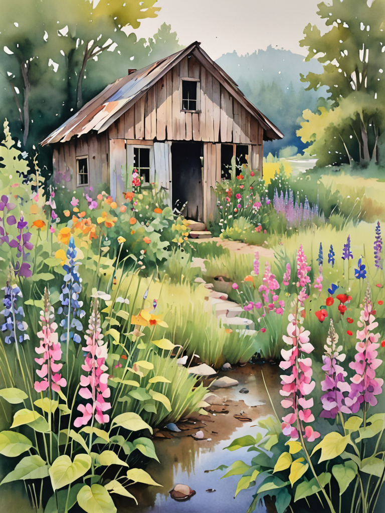 In this evocative watercolor scene, the abandoned shack is unexpectedly adorned with a wildflower garden, its untamed beauty encircling the structure like a vibrant embrace. The soft, watery hues of the flowersâranging from the delicate pinks of wild roses to the deep purples of lupinesâcreate a contrast against the shack's weathered grays and earthy browns. This garden, a riot of color amidst the greens of the surrounding wilderness, whispers stories of resilience and rebirth. The fluidity of watercolors perfectly captures the ephemeral nature of the blooms, with each petal and leaf blending seamlessly into the next, creating a dreamlike quality. Light washes of green suggest the lushness of the grass, interspersed with the vivid colors of the garden, while the nearby stream mirrors the sky's soft pastels. In this painting, the emphasis is on the juxtaposition of decay and growth, highlighting the beauty that thrives in abandonment, all rendered in the luminous, transparent layers that only watercolors can achieve