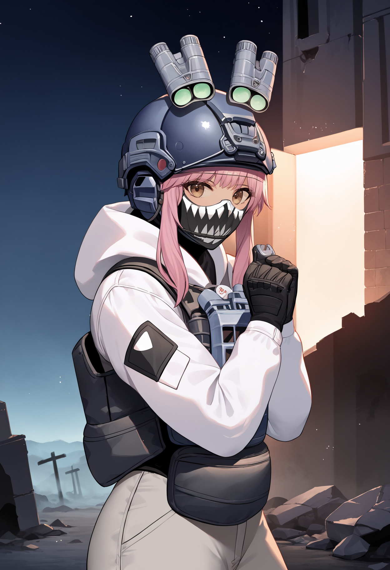 score_9, score_8_up, score_7_up, source_anime BREAK 1girl, solo, <lora:soldiereg-nikke-richy-v1_pdxl:1> sldreg, pink hair, bangs, helmet, headgear, goggles, mask, white hoodie, bulletproof vest, tactical clothes ,gloves, grey pants, standing, looking at viewer, head tilt, happy, outdoors, (dark, darkness, night, black sky:1.3), standing, post-apocalypse, debris, ruins, science fiction, military, fighting stance, upper body, from side, suppressor