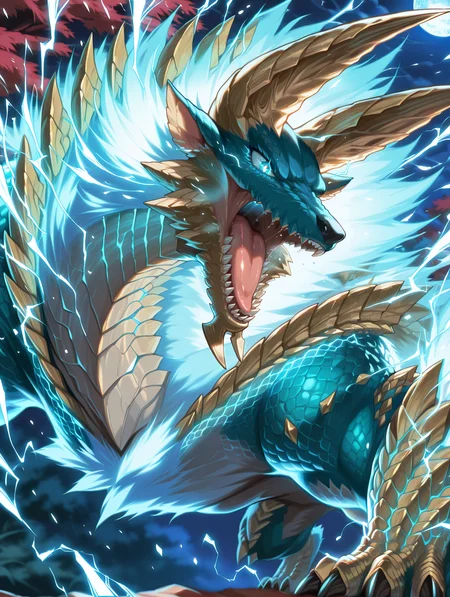 no humans,open mouth,electricity,blue eyes,sharp teeth,solo,close-up,glowing,barking,glowing eyes,blurry,lightning,tongue,1other,zinogre,cyan dragon,fighting stance,
masterpiece,best quality,amazing quality,very aesthetic,absurdres,newest,<lora:Zinogre Armor illuXL v1.4:0.85>,red tree,moon,nature,night,