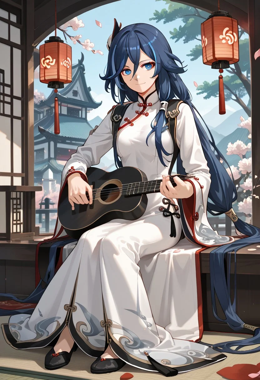 score_9,score_8_up,score_7_up,source_anime,FU_HUA,1girl,solo,long hair,looking at viewer,smile,blue eyes,black hair,long sleeves,hair ornament,dress,holding,hair between eyes,closed mouth,very long hair,sitting,blue hair,full body,white dress,petals,chinese clothes,instrument,low-tied long hair,lantern,hanfu,