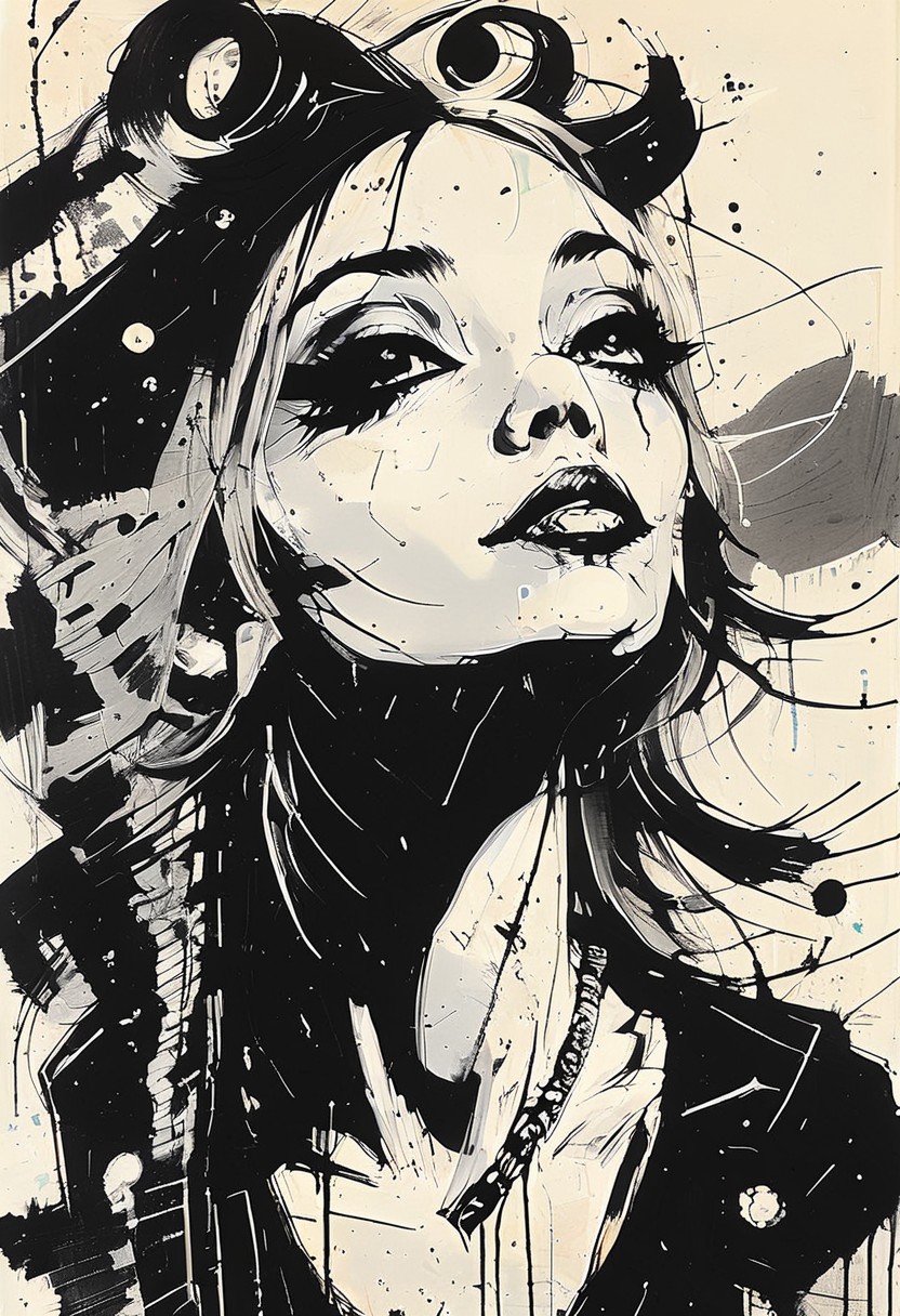 ink-fashion, girl, expressive, looking at viewer, cool, white background, close-up portrait, black and white, ink, inkpunk, illustration, style of Jim Mahfood