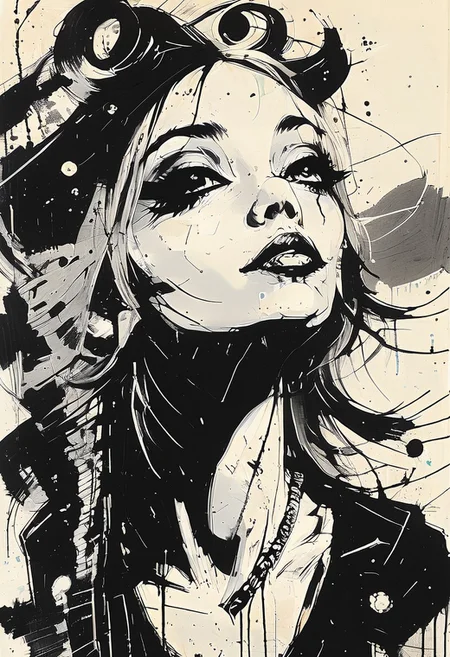 ink-fashion, girl, expressive, looking at viewer, cool, white background, close-up portrait, black and white, ink, inkpunk, illustration, style of Jim Mahfood