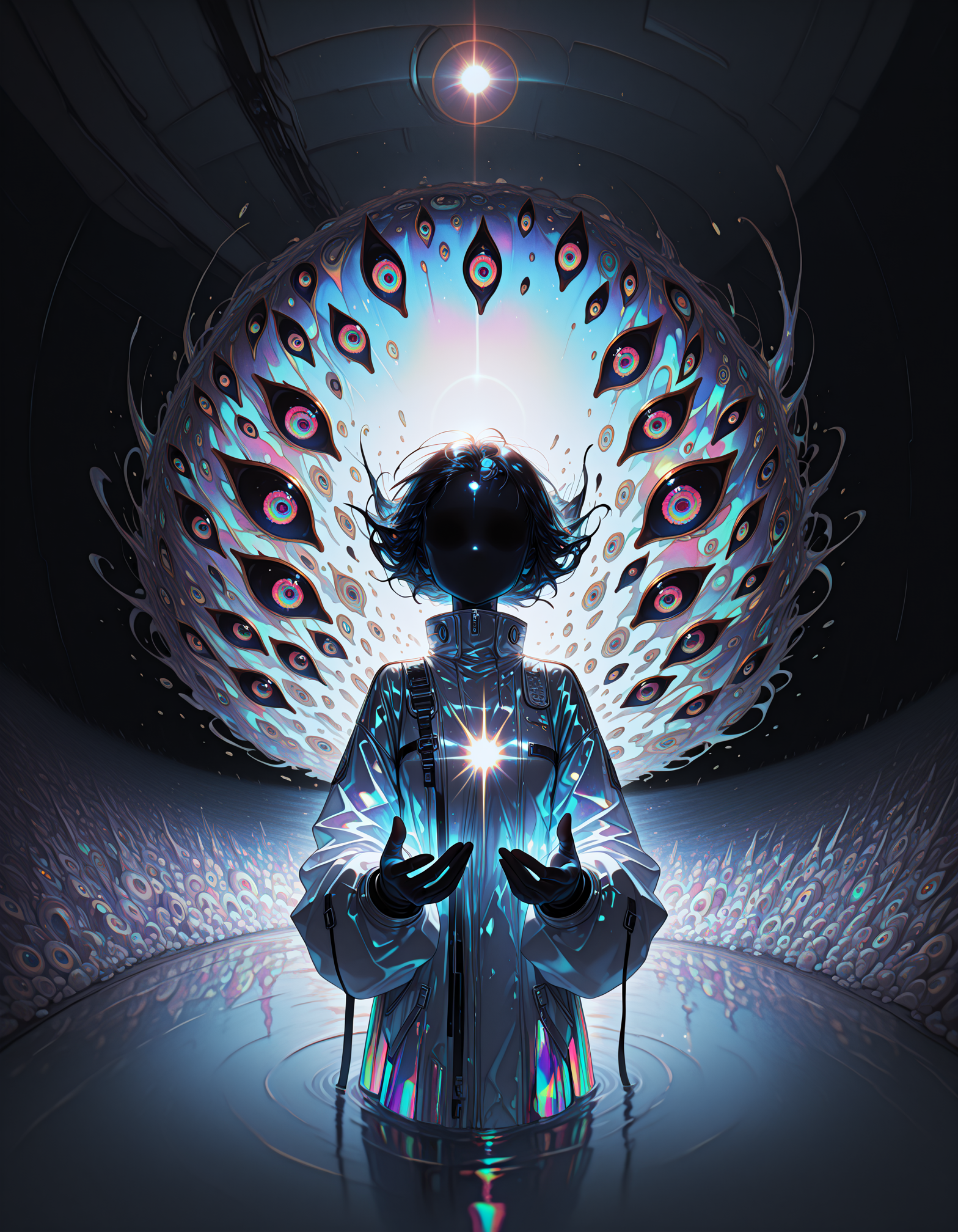 masterpiece, best quality, amazing quality, very aesthetic, abstract, 15546+456868,surreal,qxys,detailed accent, rltstc,holographic,(fisheye,dim lighting,lens flare,chromatic aberration)
,ADDCOMM,
foreground of too many eyes, iridescent, white mist,  (huge too many eyes), multicolored eyes
,ADDROW,
foreground of too many eyes, iridescent, white mist,  (huge too many eyes), multicolored eyes
,ADDCOL,
background of 1girl, (no mouth,no eyes), glowing,reaching out with two hands,(cropped torso),close up hands
,ADDCOL,
foreground of too many eyes, iridescent, white mist,  (huge too many eyes), multicolored eyes
,ADDROW,
foreground of too many eyes, iridescent, white mist,  (huge too many eyes), multicolored eyes
,  <lora:114558v4df2fsdf5:0.5>  <lora:holographiccolor:0.5>  <lora:DarkerThanBlackIllustrious:0.5>