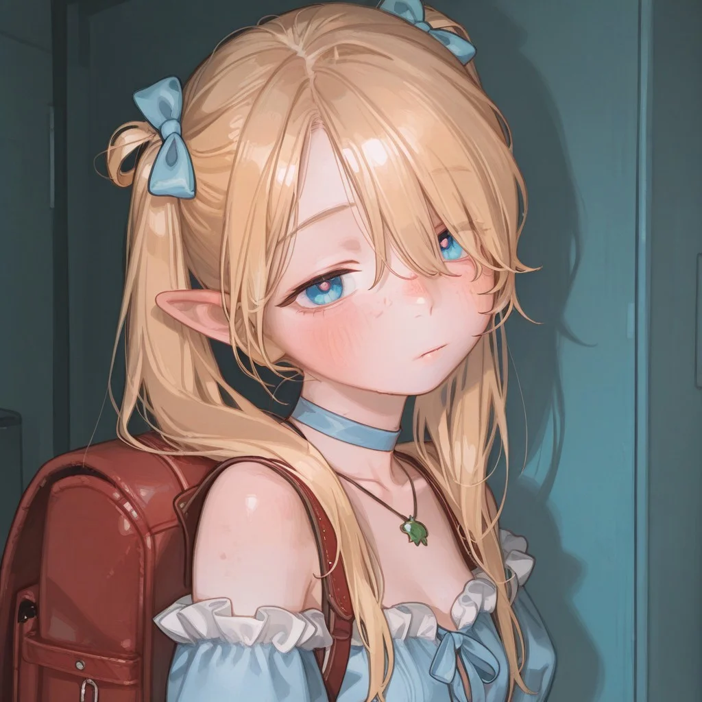 high detailed, high quality, masterpiece, best quality, very awa, absurdres, detailed eyes, detailed face, detailed skin, anime, cinematic light, colorful, portrait BREAK, 1girl, KPB-Illu, solo, cute, pretty, petite, blue eyes, blonde hair, hair over eye, choker, freckles, half closed eyes, blush, looking at viewer, bare shoulders, collarbone, frilled sleeves, necklace, lingerie, hair bow, from side, torn clothes, twintails, blonde hair, frills, backpack, looking at viewer, (marcille_donato:0.7), possmach, artist:henreader, artist:ciloranko, (artist:sho \\(sho lwlw\\):0.75), (tianliang duohe fangdongye:0.7),