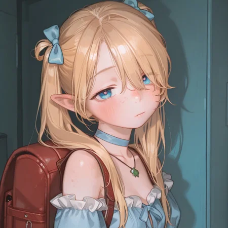high detailed, high quality, masterpiece, best quality, very awa, absurdres, detailed eyes, detailed face, detailed skin, anime, cinematic light, colorful, portrait BREAK, 1girl, KPB-Illu, solo, cute, pretty, petite, blue eyes, blonde hair, hair over eye, choker, freckles, half closed eyes, blush, looking at viewer, bare shoulders, collarbone, frilled sleeves, necklace, lingerie, hair bow, from side, torn clothes, twintails, blonde hair, frills, backpack, looking at viewer, (marcille_donato:0.7), possmach, artist:henreader, artist:ciloranko, (artist:sho \\(sho lwlw\\):0.75), (tianliang duohe fangdongye:0.7),