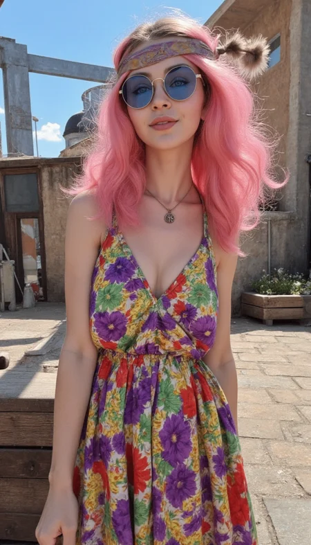 Generate an anime inspired image of a modern hippie girl.

She has long, flowing pink hair with A delicate headband adorned with a single, long feather that gracefully trails down her back. The feather is soft and airy, with subtle hints of Amber Brown shimmering within.. 

She wears a flowing maxi dress with dazzling colors and flashing patterns. She is wearing a peace sign necklace.She is wearing round sunglasses with brightly colored lenses.

She is laughing with her friends, sharing a joint, and feeling a sense of freedom and community.

She has realistic skin that is not flawless. She has Limpid ice blue eyes. She has a crooked nose. She has a recessed chin. She has a full-figured East-West breasts. She has natural unshaven body hair.  She has not recently showered, her skin may be a little bit dirty. She wears little make-up except for her lip gloss.  She has painted fingernails
