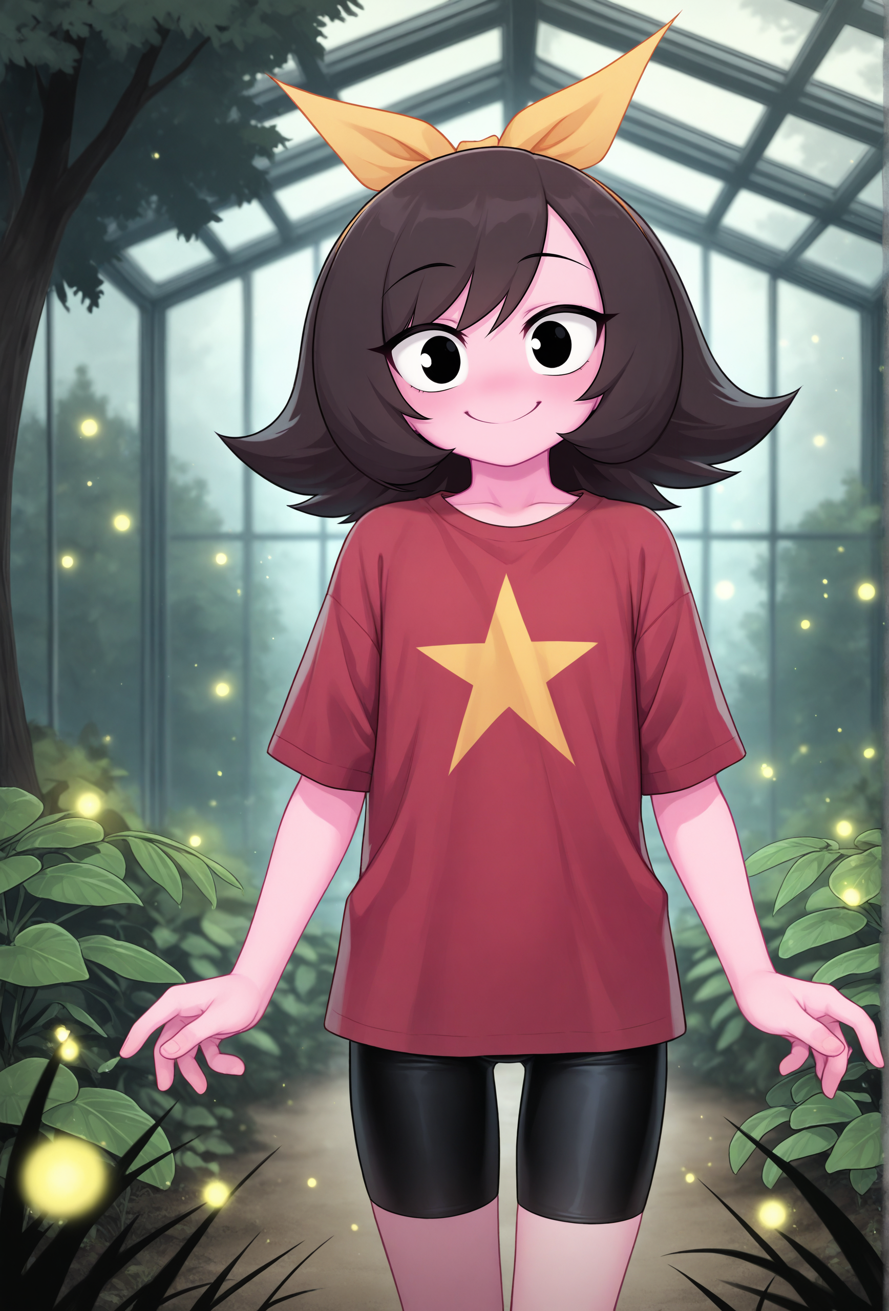 masterpiece,best quality,amazing quality, <lora:marigold_cabronpr_noob_v1.1f:1> marigold, 1girl, solo, smile, hairbow, no nose, black eyes BREAK
red shirt, bike shorts, straight-on, tree, tree, greenhouse, fireflies, (depth of field:1.3)