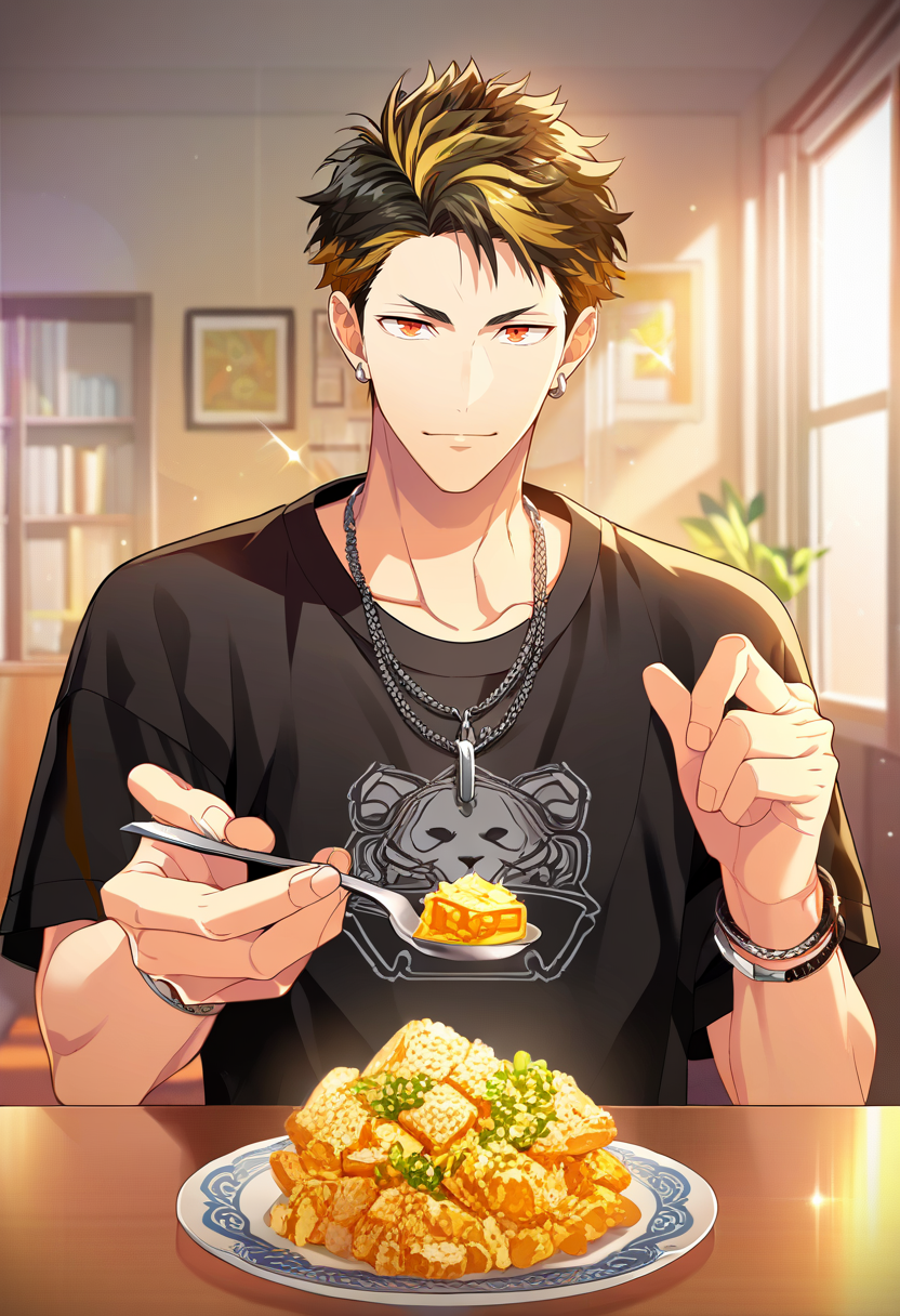 1boy, male focus, solo focus,
<lora:Character - Wind Boys - Reito Tsuji:1> reitotsuji, black hair, multicolored hair, red eyes, bracelet, necklace, ear piercing,
((zPDXL)), score_9_up, score_8_up, score_7_up, score_6_up, score_5_up, score_4_up, best quality, amazing quality, best aesthetic, absurdres, year2023, uncensored, nsfw, official art, official style, depth of field, detailed eye,
bedroom, pov across table, black shirt, holding spoon, looking at viewer, giving food,