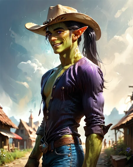score_9, score_8_up, score_7_up, intricate details, rating_questionable,
<lora:Orbul:0.8>,
1boy(Orbul, green skin, sheriff, white cowboy hat, jeans, checkered buttonup shirt, ponytail tied with purple string, smiling, looking at viewer, cowboy shot, solo), western town, main street, dusty ground, red earth, western setting,
detailed background, depth of field, 
<lora:ral-chrosc-clr:0.5>, ral-chrosc-clr,
<lora:Expressive_H:0.5>, Expressiveh,
<lora:xl_more_art-full_v1:0.3>,
<lora:add-detail-xl:0.3>