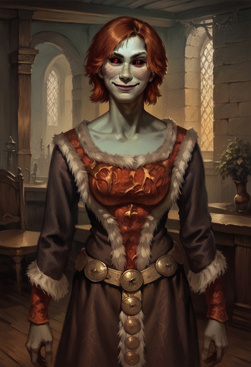 score_9_up, score_8_up, score_7_up, score_6_up, 1girl, solo, Falanu_Hlaalu, short hair, red hair, colored skin, freckles, red eyes, black sclera, long dress, fur trim, long sleeves, belt, smile, standing, indoors, (fantasy art, realistic)
