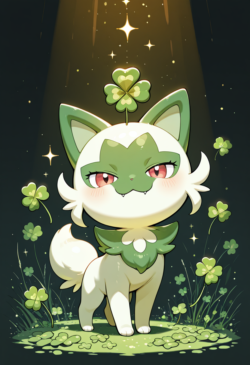 masterpiece, best quality,    ShamrockWorld, solo, looking at viewer, clover patch, clover, four-leaf clover, light particles, , pokemon (creature), no humans, sparkle, :3, fangs, outline, animal focus,  zzWdcat, smile, closed mouth, full body, :3, half-closed eyes, happy,  ,<lora:ShamrockWorld_IXL:1.0>,