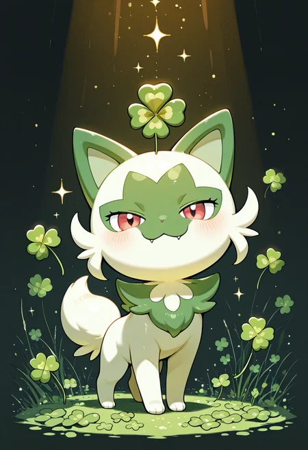 masterpiece, best quality,    ShamrockWorld, solo, looking at viewer, clover patch, clover, four-leaf clover, light particles, , pokemon (creature), no humans, sparkle, :3, fangs, outline, animal focus,  zzWdcat, smile, closed mouth, full body, :3, half-closed eyes, happy,  ,<lora:ShamrockWorld_IXL:1.0>,
